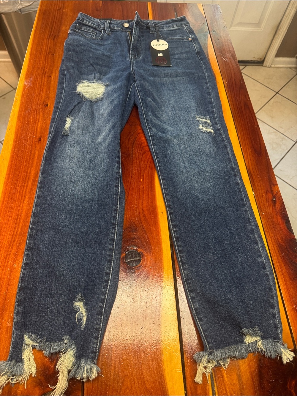 Ladies I&M Black Label Dark Blue High-Rise Distressed Straight Jeans